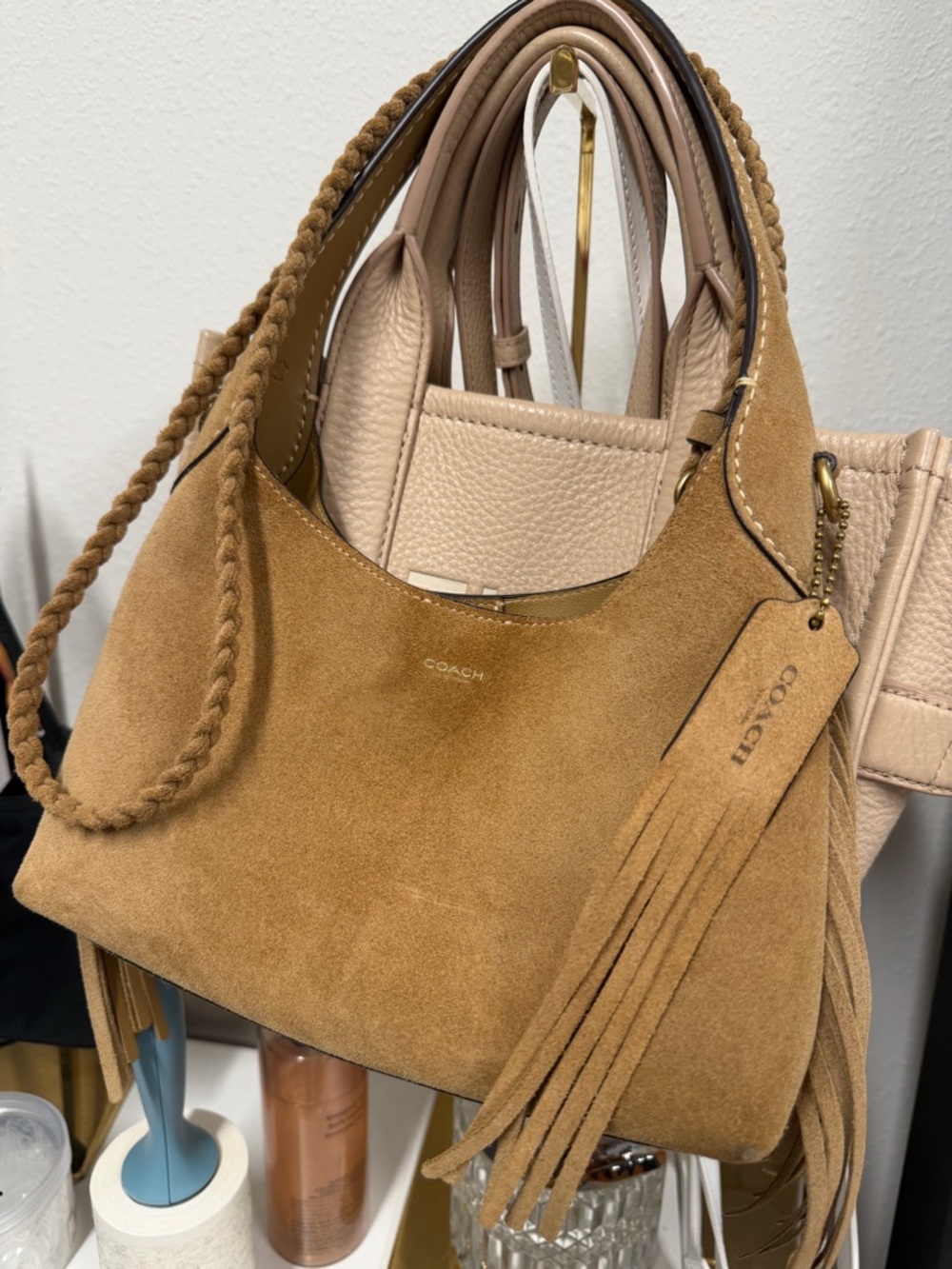 Coach Suede Shoulder Hobo in Caramel Tan with Tassel